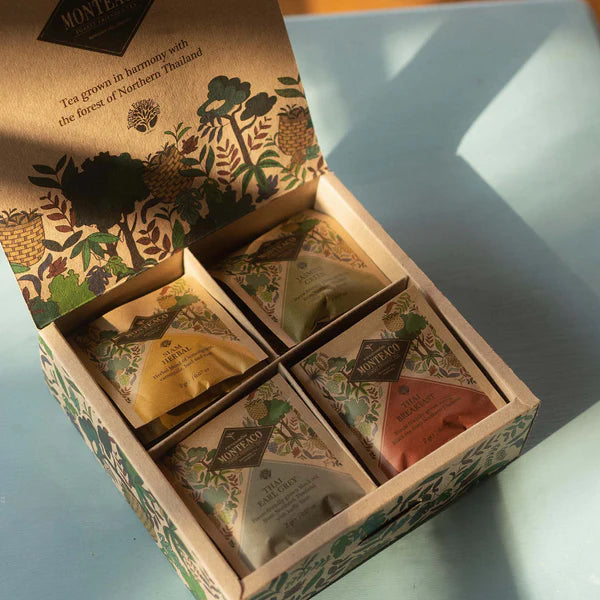 te æske med 4 varianter af te fra Monteaco